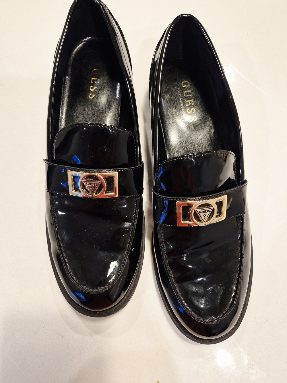 GUESS Women s Black Patent Leather Loafers with Gold Accent Size 10